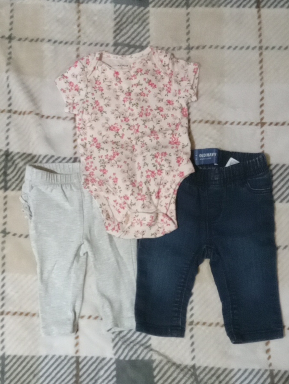 Old Navy Pink Floral Onesie with Navy Jeans & Light Gray Leggings